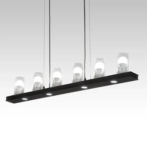 A classic traditional linear lighting design is upgraded with the latest LED technology. Six Clear Seeded Glass cylindrical lenses provide LED illumination for energy efficiency; beautiful light and long life. The cylinders sit on a Flat Black oblong pendant which is enhanced with an additional six LED luminaires used for downlighting on surfaces below. The overall height ranges from 10 to 150 inches as the cord length can be adjusted in the factory.The Loudon Pendant is featured in our American made; American designed handcrafted Transitional Lighting Collection. Manufactured in Yorkville; New York. UL and cUL listed for dry and damp locations.