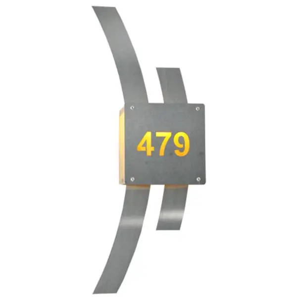 This stunning Brushed Stainless Steel wall luminaire features a modern curvaceous design with the room number 479. The ADA-compliant wall sconce features a number that illuminates through an Amber Quartz Idalight lens. The handsome indoor/outdoor lighting fixture can be mounted to interior or exterior walls or doors. The Personalized Room Number Wall Sconce is included in our American-made; American-designed; handcrafted Personalized Collection and manufactured in Yorkville; New York. UL and cUL listed for dry; damp; and wet locations. This lighting fixture can be ordered by calling us and adding your own address for your next project. Please call for pricing and lead time.