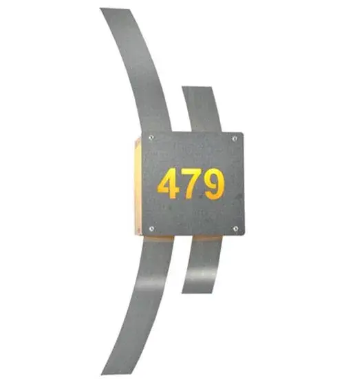 This stunning Brushed Stainless Steel wall luminaire features a modern curvaceous design with the room number 479. The ADA-compliant wall sconce features a number that illuminates through an Amber Quartz Idalight lens. The handsome indoor/outdoor lighting fixture can be mounted to interior or exterior walls or doors. The Personalized Room Number Wall Sconce is included in our American-made; American-designed; handcrafted Personalized Collection and manufactured in Yorkville; New York. UL and cUL listed for dry; damp; and wet locations. This lighting fixture can be ordered by calling us and adding your own address for your next project. Please call for pricing and lead time. - alternate view