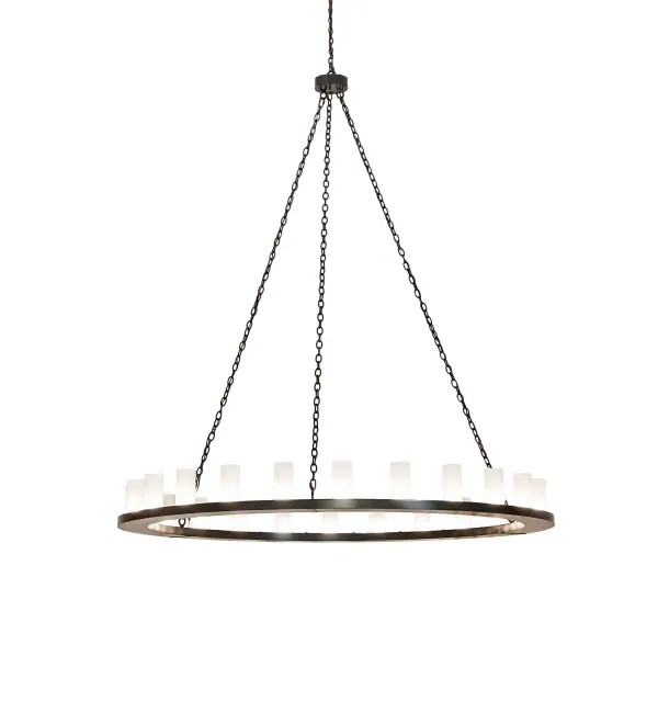 Blending an elegant style with a classic, distinguished look. The massive Loxley Chandelier is custom-crafted with 24 Clear Frosted White Glass Cylindres on two sturdy rings featured in a Timeless Bronze finish. The striking chandelier is ideal for illuminating entryways, ballrooms, and lobbies in hospitality and commercial locations. Inspired by chandeliers in mansions and other locations from Hilton Head Island, South Carolina, to West Palm Beach, Florida, to Dallas, Texas. The overall height ranges from 87 to 135 inches, as the chain can be easily adjusted in the field to meet your precise requirements. The Loxley Chandelier is included in our American-made, American-designed, handcrafted Transitional Lighting Collection and manufactured in Yorkville, New York. UL and cUL listed for dry and damp locations. Collection: Loxley Finish: Timeless Bronze Glass: Frosted White Glass Width: 72.00" Height: 87.00" Length: 72.00" Weight: 100.00 lb Number of Bulbs: 24 Maximum Wattage: 40.00 W Bulb Type: F15 Bulb Base: E26 Material: Steel Country of Origin: USA Safety Rating: Damp