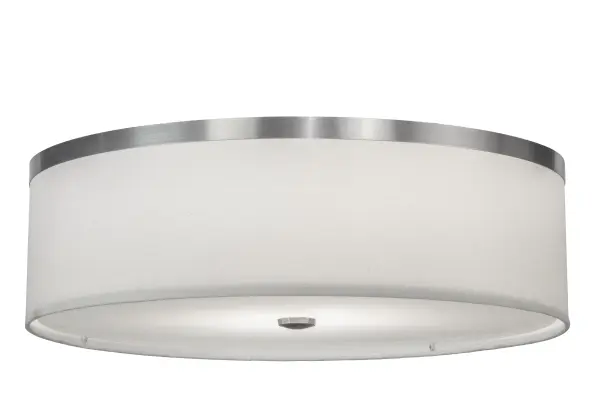 A purely opulent centerpiece for the ceiling that blends with any decor. White Linen fabric covers a Statuario Idalight diffuser enhanced with accent and hardware finished in Brushed Nickel. Reveals a warm glow for closets, hallways, foyers and other spaces that need ambient lighting. Made in the USA. Options include dimmable LED and other energy efficient lamping options, as well as custom sizes, styles and colors. This fixture is UL and cUL listed for dry and damp locations. Collection: Cilindro Finish: Brushed Nickel Glass: White Textrine Width: 20.00" Height: 6.00" Length: 20.00" Weight: 4.50 lb Number of Bulbs: 2 Maximum Wattage: 60.00 W Bulb Type: A19 Bulb Base: E26 Country of Origin: USA Safety Rating: Damp
