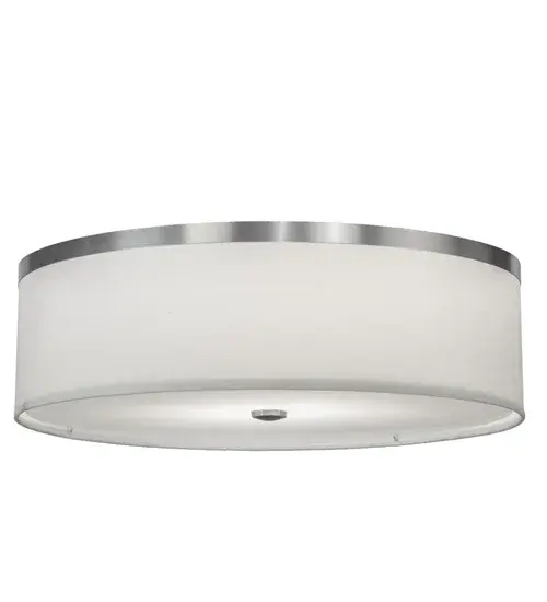 A purely opulent centerpiece for the ceiling that blends with any decor. White Linen fabric covers a Statuario Idalight diffuser enhanced with accent and hardware finished in Brushed Nickel. Reveals a warm glow for closets, hallways, foyers and other spaces that need ambient lighting. Made in the USA. Options include dimmable LED and other energy efficient lamping options, as well as custom sizes, styles and colors. This fixture is UL and cUL listed for dry and damp locations. Collection: Cilindro Finish: Brushed Nickel Glass: White Textrine Width: 20.00" Height: 6.00" Length: 20.00" Weight: 4.50 lb Number of Bulbs: 2 Maximum Wattage: 60.00 W Bulb Type: A19 Bulb Base: E26 Country of Origin: USA Safety Rating: Damp - alternate view