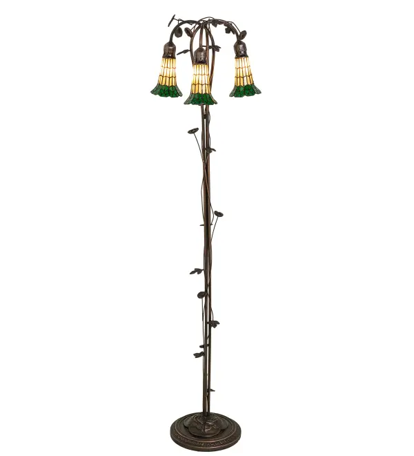 Inspired by the popular Tiffany design from the early 1900s... This floor lamp offers an attractive, delicate design featuring three stunning Honey and Green art glass shades created with the famous Meyda Tiffany copperfoil construction technique. The Pond Lily shades are embraced by an elegant cast metal floor base with floral and vine accents that are finished by hand in Mahogany Bronze. The Pond Lily Floor Lamp is featured in our American designed, handcrafted Stained Glass Lighting Collection. UL and cUL listed for dry locations. Each shade is a unique work of art with color variations based on natural ingredients inherent in the glass. Contact us if color matching is critical when ordering multiple items. Collection: Stained Glass Pond Lily Finish: Mahogany Bronze Glass: Honey Wispy/Kelly Green Width: 16.00" Height: 58.00" Length: 16.00" Weight: 12.50 lb Number of Bulbs: 3 Maximum Wattage: 40.00 W Bulb Type: B10 Bulb Base: E12 Material: Zinc/Brass/Steel Country of Origin: CHINA Safety Rating: Dry