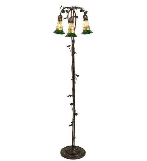 Inspired by the popular Tiffany design from the early 1900s... This floor lamp offers an attractive, delicate design featuring three stunning Honey and Green art glass shades created with the famous Meyda Tiffany copperfoil construction technique. The Pond Lily shades are embraced by an elegant cast metal floor base with floral and vine accents that are finished by hand in Mahogany Bronze. The Pond Lily Floor Lamp is featured in our American designed, handcrafted Stained Glass Lighting Collection. UL and cUL listed for dry locations. Each shade is a unique work of art with color variations based on natural ingredients inherent in the glass. Contact us if color matching is critical when ordering multiple items. Collection: Stained Glass Pond Lily Finish: Mahogany Bronze Glass: Honey Wispy/Kelly Green Width: 16.00" Height: 58.00" Length: 16.00" Weight: 12.50 lb Number of Bulbs: 3 Maximum Wattage: 40.00 W Bulb Type: B10 Bulb Base: E12 Material: Zinc/Brass/Steel Country of Origin: CHINA Safety Rating: Dry - alternate view