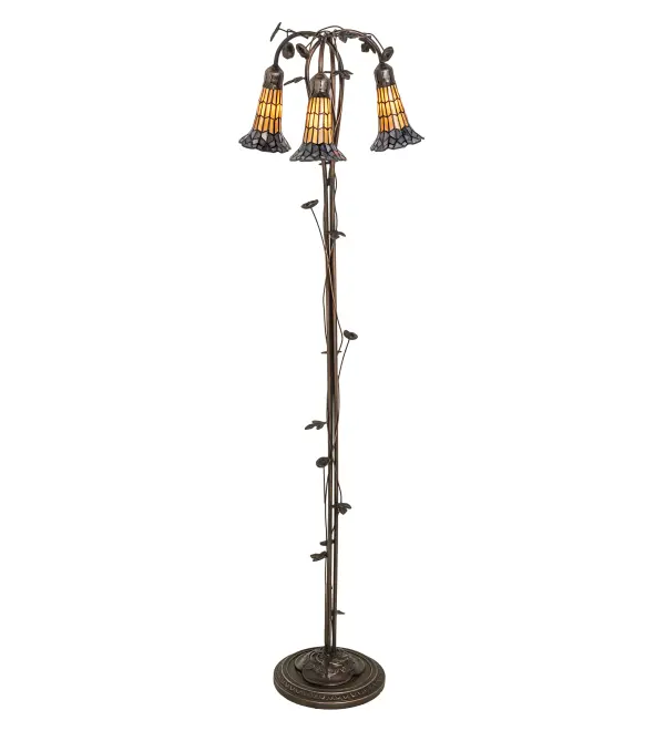 Inspired by the popular Tiffany design from the early 1900s... This floor lamp offers an attractive, delicate design featuring three stunning Honey and Pink art glass shades created with the famous Meyda Tiffany copperfoil construction technique. The Pond Lily shades are embraced by an elegant cast metal floor base with floral and vine accents that are finished by hand in Mahogany Bronze. The Pond Lily Floor Lamp is featured in our American designed, handcrafted Stained Glass Lighting Collection. UL and cUL listed for dry locations. Each shade is a unique work of art with color variations based on natural ingredients inherent in the glass. Contact us if color matching is critical when ordering multiple items. Collection: Stained Glass Pond Lily Finish: Mahogany Bronze Glass: Honey Wispy & Purple Width: 16.00" Height: 58.00" Length: 16.00" Weight: 12.50 lb Number of Bulbs: 3 Maximum Wattage: 40.00 W Bulb Type: B10 Bulb Base: E12 Material: Zinc/Steel/Brass Country of Origin: CHINA Safety Rating: Dry