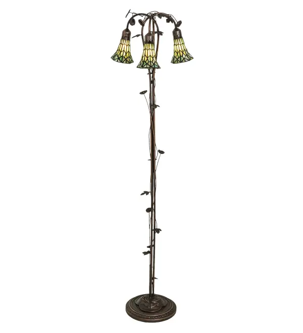 Inspired by the popular Tiffany design from the early 1900s... This floor lamp offers an attractive, delicate design featuring three stunning Green art glass shades that are created using the famous Meyda Tiffany copperfoil construction technique. The Pond Lily shades are embraced by an elegant cast metal floor base with floral and vine accents that are finished by hand in Mahogany Bronze. The Pond Lily Floor Lamp is featured in our American designed, handcrafted Stained Glass Lighting Collection. UL and cUL listed for dry locations. Each shade is a unique work of art with color variations based on natural ingredients inherent in the glass. Contact us if color matching is critical when ordering multiple items. Collection: Stained Glass Pond Lily Finish: Mahogany Bronze Glass: Green Stained Glass Width: 16.00" Height: 58.00" Length: 16.00" Weight: 12.50 lb Number of Bulbs: 3 Maximum Wattage: 40.00 W Bulb Type: B10 Bulb Base: E12 Material: Zinc/Steel/Brass Country of Origin: CHINA Safety Rating: Dry