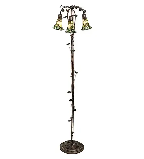 Inspired by the popular Tiffany design from the early 1900s... This floor lamp offers an attractive, delicate design featuring three stunning Green art glass shades that are created using the famous Meyda Tiffany copperfoil construction technique. The Pond Lily shades are embraced by an elegant cast metal floor base with floral and vine accents that are finished by hand in Mahogany Bronze. The Pond Lily Floor Lamp is featured in our American designed, handcrafted Stained Glass Lighting Collection. UL and cUL listed for dry locations. Each shade is a unique work of art with color variations based on natural ingredients inherent in the glass. Contact us if color matching is critical when ordering multiple items. Collection: Stained Glass Pond Lily Finish: Mahogany Bronze Glass: Green Stained Glass Width: 16.00" Height: 58.00" Length: 16.00" Weight: 12.50 lb Number of Bulbs: 3 Maximum Wattage: 40.00 W Bulb Type: B10 Bulb Base: E12 Material: Zinc/Steel/Brass Country of Origin: CHINA Safety Rating: Dry - alternate view