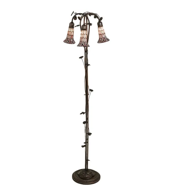 Inspired by the popular Tiffany design from the early 1900s... This floor lamp offers an attractive, delicate design featuring three stunning Pink art glass shades created with the famous Meyda Tiffany copperfoil construction technique. The Pond Lily shades are embraced by an elegant cast metal floor base with floral and vine accents that are finished by hand in Mahogany Bronze. The Pond Lily Floor Lamp is featured in our American designed, handcrafted Stained Glass Lighting Collection. UL and cUL listed for dry locations. Each shade is a unique work of art with color variations based on natural ingredients inherent in the glass. Contact us if color matching is critical when ordering multiple items. Collection: Stained Glass Pond Lily Finish: Mahogany Bronze Glass: Pink Width: 16.00" Height: 58.00" Length: 16.00" Weight: 12.50 lb Number of Bulbs: 3 Maximum Wattage: 40.00 W Bulb Type: B10 Bulb Base: E12 Material: Steel/Zinc/Brass Country of Origin: CHINA Safety Rating: Dry