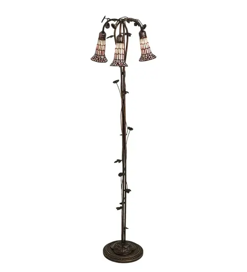 Inspired by the popular Tiffany design from the early 1900s... This floor lamp offers an attractive, delicate design featuring three stunning Pink art glass shades created with the famous Meyda Tiffany copperfoil construction technique. The Pond Lily shades are embraced by an elegant cast metal floor base with floral and vine accents that are finished by hand in Mahogany Bronze. The Pond Lily Floor Lamp is featured in our American designed, handcrafted Stained Glass Lighting Collection. UL and cUL listed for dry locations. Each shade is a unique work of art with color variations based on natural ingredients inherent in the glass. Contact us if color matching is critical when ordering multiple items. Collection: Stained Glass Pond Lily Finish: Mahogany Bronze Glass: Pink Width: 16.00" Height: 58.00" Length: 16.00" Weight: 12.50 lb Number of Bulbs: 3 Maximum Wattage: 40.00 W Bulb Type: B10 Bulb Base: E12 Material: Steel/Zinc/Brass Country of Origin: CHINA Safety Rating: Dry - alternate view