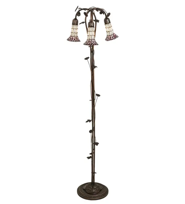 Inspired by the popular Tiffany design from the early 1900s... This floor lamp offers an attractive, delicate design featuring three stunning Pink and White art glass shades that are created using the famous Meyda Tiffany copperfoil construction technique. The Pond Lily shades are embraced by an elegant cast metal floor base with floral and vine accents that are finished by hand in Mahogany Bronze. The Pond Lily Floor Lamp is featured in our American designed, handcrafted Stained Glass Lighting Collection. UL and cUL listed for dry locations. Each shade is a unique work of art with color variations based on natural ingredients inherent in the glass. Contact us if color matching is critical when ordering multiple items. Collection: Stained Glass Pond Lily Finish: Mahogany Bronze Glass: Pink/White Width: 16.00" Height: 58.00" Length: 16.00" Weight: 12.50 lb Number of Bulbs: 3 Maximum Wattage: 40.00 W Bulb Type: B10 Bulb Base: E12 Material: Zinc/Steel/Brass Country of Origin: CHINA Safety Rating: Dry