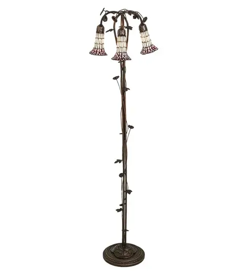 Inspired by the popular Tiffany design from the early 1900s... This floor lamp offers an attractive, delicate design featuring three stunning Pink and White art glass shades that are created using the famous Meyda Tiffany copperfoil construction technique. The Pond Lily shades are embraced by an elegant cast metal floor base with floral and vine accents that are finished by hand in Mahogany Bronze. The Pond Lily Floor Lamp is featured in our American designed, handcrafted Stained Glass Lighting Collection. UL and cUL listed for dry locations. Each shade is a unique work of art with color variations based on natural ingredients inherent in the glass. Contact us if color matching is critical when ordering multiple items. Collection: Stained Glass Pond Lily Finish: Mahogany Bronze Glass: Pink/White Width: 16.00" Height: 58.00" Length: 16.00" Weight: 12.50 lb Number of Bulbs: 3 Maximum Wattage: 40.00 W Bulb Type: B10 Bulb Base: E12 Material: Zinc/Steel/Brass Country of Origin: CHINA Safety Rating: Dry - alternate view
