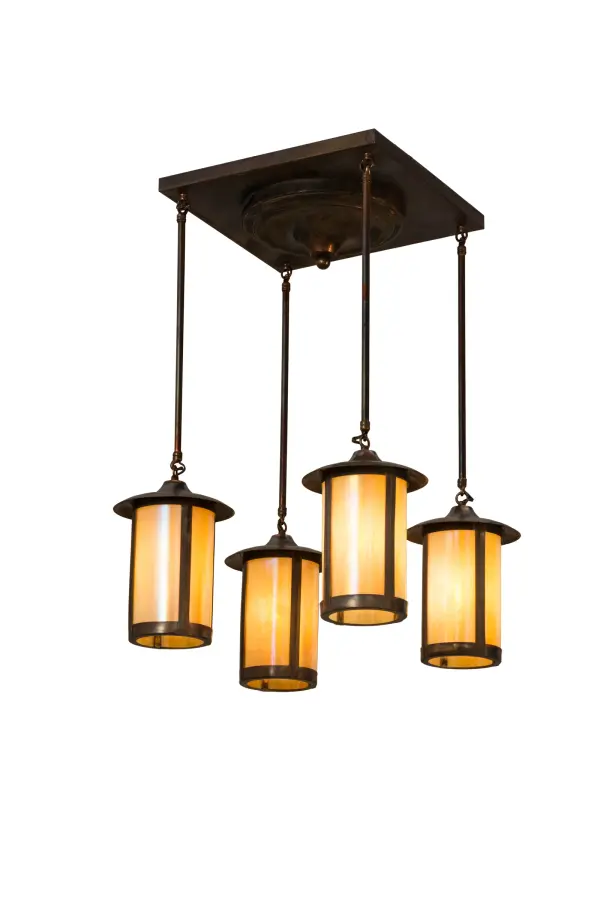 Custom made of Solid Brass; this Craftsman Signature pendant features 4 cylindrical shaped diffusers created with stunning Beige Iridescent art glass. The shades; which are displayed at varying heights for a cascading effect; are complemented with hardware and accents in a Vintage Copper finish.Beautiful ambient illumination is delivered by customer-supplied 14-watt LED lamps.Handmade in Upstate New York; this fixture is available in custom styles; finishes and sizes; as well as dimmable lamping options.UL and cUL listed for damp and dry locations.