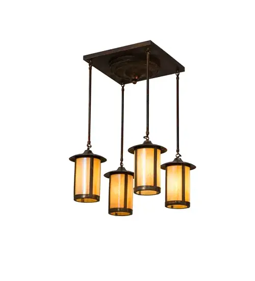 Custom made of Solid Brass; this Craftsman Signature pendant features 4 cylindrical shaped diffusers created with stunning Beige Iridescent art glass. The shades; which are displayed at varying heights for a cascading effect; are complemented with hardware and accents in a Vintage Copper finish.Beautiful ambient illumination is delivered by customer-supplied 14-watt LED lamps.Handmade in Upstate New York; this fixture is available in custom styles; finishes and sizes; as well as dimmable lamping options.UL and cUL listed for damp and dry locations. - alternate view