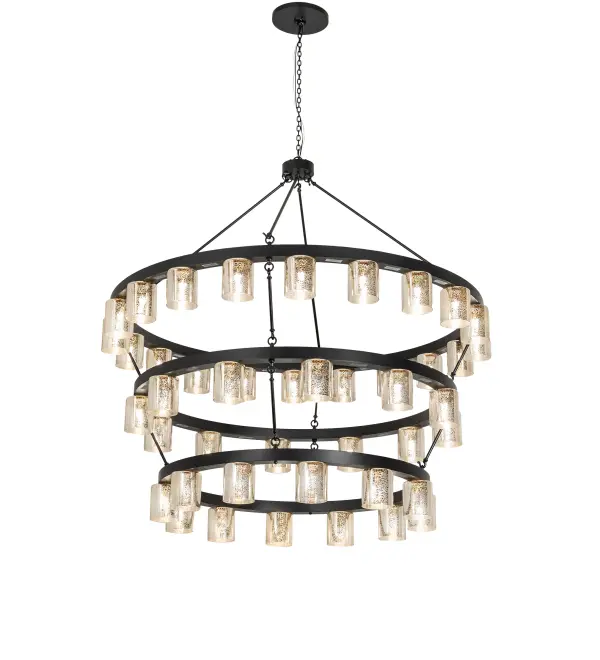 Loxley integrates an elegant style with a distinguished look. Loxley is custom crafted with 44 Mercury Glass Cylindres on a three-tiered chandelier. This grand-scaled chandelier is featured in a Blackwash finish and is ideal for illuminating lobbies, conference rooms, entryways, and other large residential, hospitality, and commercial spaces. The overall height ranges from 71 to 95 inches, as the chain length can be easily adjusted in the field. The Loxley Horizon Ring Chandelier is included in our American-made, American-designed handcrafted Transitional Collection. Manufactured in Yorkville, NY. UL and cUL listed for dry and damp locations. Collection: Loxley Finish: Blackwash Glass: Mercury Glass Width: 70.00" Height: 71.00" Length: 70.00" Weight: 200.00 lb Number of Bulbs: 44 Maximum Wattage: 12.00 W Bulb Type: A19 Bulb Base: E26 Light Source: LED Material: Steel Country of Origin: USA Safety Rating: Damp LED