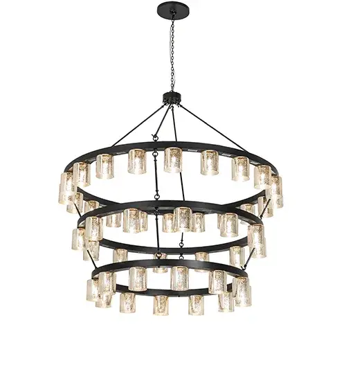 Loxley integrates an elegant style with a distinguished look. Loxley is custom crafted with 44 Mercury Glass Cylindres on a three-tiered chandelier. This grand-scaled chandelier is featured in a Blackwash finish and is ideal for illuminating lobbies, conference rooms, entryways, and other large residential, hospitality, and commercial spaces. The overall height ranges from 71 to 95 inches, as the chain length can be easily adjusted in the field. The Loxley Horizon Ring Chandelier is included in our American-made, American-designed handcrafted Transitional Collection. Manufactured in Yorkville, NY. UL and cUL listed for dry and damp locations. Collection: Loxley Finish: Blackwash Glass: Mercury Glass Width: 70.00" Height: 71.00" Length: 70.00" Weight: 200.00 lb Number of Bulbs: 44 Maximum Wattage: 12.00 W Bulb Type: A19 Bulb Base: E26 Light Source: LED Material: Steel Country of Origin: USA Safety Rating: Damp LED - alternate view