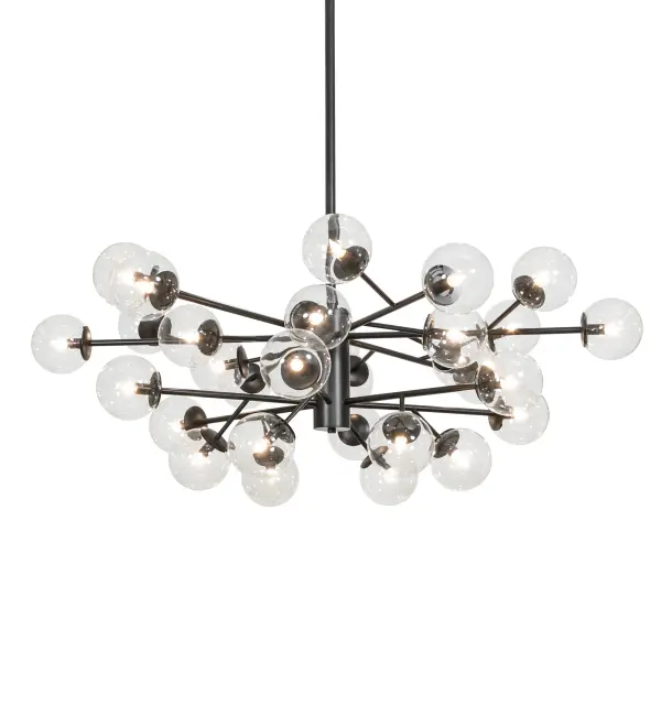 A cool contemporary look. 30 Clear Glass orbs extend outward for a striking ethereal effect. All decorative spherical elements are enhanced with a frame featured in a Matte Black finish. Edison-style lamps illuminate from within each Bola orb for beautiful ambient illumination. Ideal for lighting lobbies; entryways; and other large spaces in residential; hospitality; and commercial settings. The Bola Matrix Chandelier is included in our American-designed; handmade Contemporary Lighting Collection. UL & cUL listed for dry and damp locations. Custom made. Call for pricing and lead time.