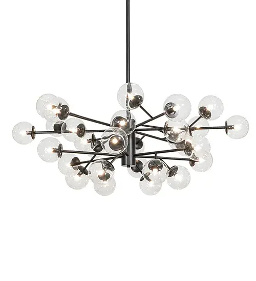 A cool contemporary look. 30 Clear Glass orbs extend outward for a striking ethereal effect. All decorative spherical elements are enhanced with a frame featured in a Matte Black finish. Edison-style lamps illuminate from within each Bola orb for beautiful ambient illumination. Ideal for lighting lobbies; entryways; and other large spaces in residential; hospitality; and commercial settings. The Bola Matrix Chandelier is included in our American-designed; handmade Contemporary Lighting Collection. UL & cUL listed for dry and damp locations. Custom made. Call for pricing and lead time. - alternate view
