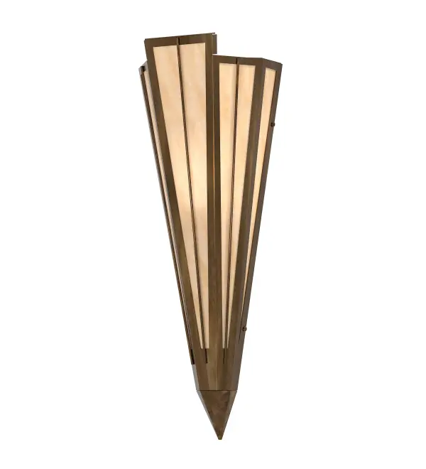 Beige Art Glass is transformed into cool abstract lighting design similar to the famed deco designs showcased in Classic Hollywood theaters. This extraordinary V-shaped sconce is complemented with decorative accents and hardware featured in an Antique Copper finish. Ideal for foyers, corridors and other interiors in homes, home theaters, resorts, hotels and restaurants. Handcrafted by highly skilled artisans in our 180,000 square foot manufacturing facility in Yorkville, New York. Custom colors, styles and sizes are available. Dimmable energy efficient lamping options offered. UL and cUL listed for damp and dry locations. Collection: Brum Finish: Antique Copper Glass: Beige Art Glass Width: 7.25" Height: 20.00" Length: 4.25" Weight: 4.50 lb Number of Bulbs: 1 Maximum Wattage: 60.00 W Bulb Type: T10 Bulb Base: E26 Material: Steel Country of Origin: USA Safety Rating: Damp