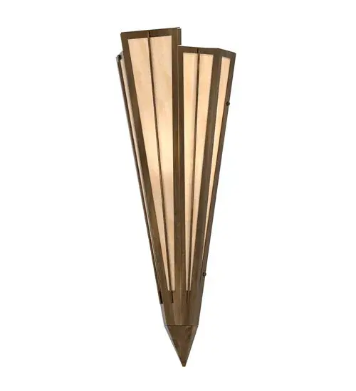 Beige Art Glass is transformed into cool abstract lighting design similar to the famed deco designs showcased in Classic Hollywood theaters. This extraordinary V-shaped sconce is complemented with decorative accents and hardware featured in an Antique Copper finish. Ideal for foyers, corridors and other interiors in homes, home theaters, resorts, hotels and restaurants. Handcrafted by highly skilled artisans in our 180,000 square foot manufacturing facility in Yorkville, New York. Custom colors, styles and sizes are available. Dimmable energy efficient lamping options offered. UL and cUL listed for damp and dry locations. Collection: Brum Finish: Antique Copper Glass: Beige Art Glass Width: 7.25" Height: 20.00" Length: 4.25" Weight: 4.50 lb Number of Bulbs: 1 Maximum Wattage: 60.00 W Bulb Type: T10 Bulb Base: E26 Material: Steel Country of Origin: USA Safety Rating: Damp - alternate view