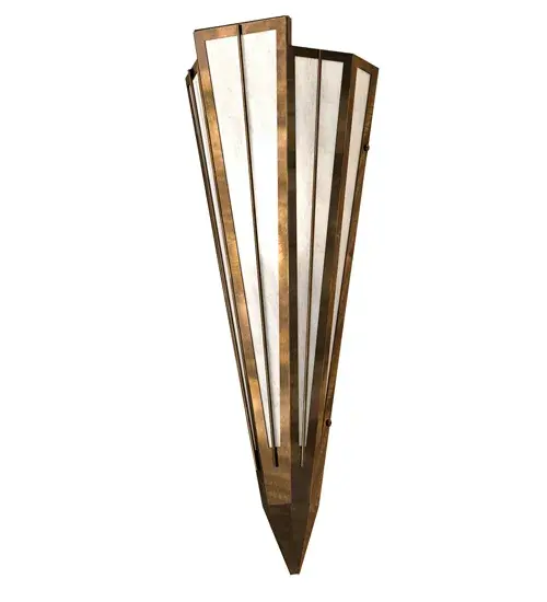 Add elegance with Deco inspired lighting reminiscent of classic Hollywood theaters. The Angelwing Idalight lens defines an extraordinary V-shaped sconce which is complemented with decorative accents, frame, and hardware in an Antique Copper finish. The fixture is ideal for foyers, corridors and other interiors in homes, home theaters, resorts, hotels, and restaurants. Custom crafted in our 180,000 square foot manufacturing facility in Yorkville, NY. Available in custom designs, lens colors, hardware finishes, and sizes. Dimmable energy efficient lamping options offered. UL and cUL listed for damp and dry locations. Collection: Brum Finish: Antique Copper Glass: Angelwing Idalight Width: 7.25" Height: 20.00" Length: 4.25" Weight: 4.00 lb Extension from Wall: 4.50" Number of Bulbs: 1 Maximum Wattage: 60.00 W Bulb Type: T10 Bulb Base: E26 Material: Steel Country of Origin: USA Safety Rating: Damp - alternate view