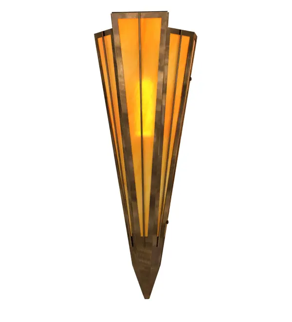 Ambra Siena Idalight is transformed into abstract lighting design similar to the famed deco designs showcased in Classic Hollywood theaters. This extraordinary V-shaped sconce is complemented with decorative accents and hardware featured in an Antique Copper finish. Ideal for foyers, corridors and other interiors in homes, home theaters, resorts, hotels and restaurants. Handcrafted by highly skilled artisans in our 180,000 square foot manufacturing facility in Yorkville, New York. Custom colors, styles and sizes are available. Dimmable energy efficient lamping options offered. UL and cUL listed for damp and dry locations. Collection: Brum Finish: Antique Copper Glass: Ambra Siena Idalight Width: 7.25" Height: 20.00" Length: 4.25" Weight: 4.00 lb Extension from Wall: 5.00" Number of Bulbs: 1 Maximum Wattage: 60.00 W Bulb Type: T10 Bulb Base: E26 Material: Steel Country of Origin: USA Safety Rating: Damp