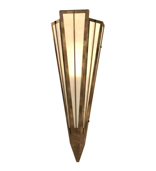 Add elegance with Deco inspired lighting reminiscent of old Hollywood theaters. The Sahara Taupe Idalight lens defines an extraordinary V-shaped sconce which is complemented with decorative accents, frame, and hardware in an Antique Copper finish. The fixture is ideal for foyers, corridors and other interiors in homes, home theaters, resorts, hotels, and restaurants. Custom crafted in our 180,000 square foot manufacturing facility in Yorkville, NY. Available in custom designs, lens colors, hardware finishes, and sizes. Dimmable energy efficient lamping options offered. UL and cUL listed for damp and dry locations. Collection: Brum Finish: Antique Copper Glass: Sahara Taupe Idalight Width: 7.25" Height: 20.00" Length: 4.25" Weight: 4.00 lb Extension from Wall: 4.50" Number of Bulbs: 1 Maximum Wattage: 60.00 W Bulb Type: T10 Bulb Base: E26 Material: Steel Country of Origin: USA Safety Rating: Damp