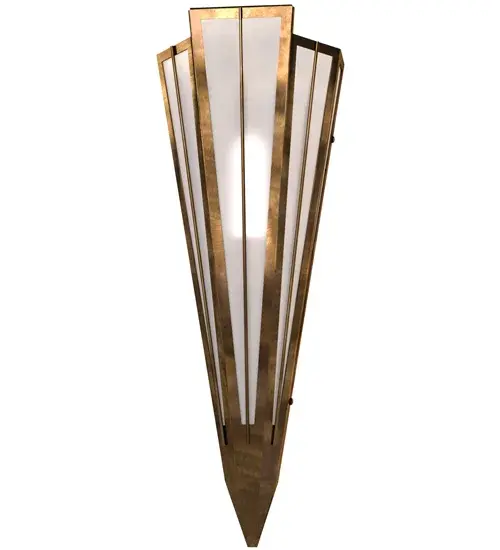 Contrail Mist Idalight is transformed into an abstract lighting design similar to the famed deco designs showcased in Classic Hollywood theaters. This extraordinary V-shaped sconce is complemented with decorative accents and hardware featured in an Antique Copper finish. Ideal for foyers, corridors and other interiors in homes, home theaters, resorts, hotels and restaurants. Handcrafted by highly skilled artisans in our 180,000 square foot manufacturing facility in Yorkville, New York. Custom colors, styles and sizes are available. Dimmable energy efficient lamping options offered. UL and cUL listed for damp and dry locations. Collection: Brum Finish: Antique Copper Glass: Contrail Mist Idalight Width: 7.25" Height: 20.00" Length: 4.25" Weight: 4.00 lb Extension from Wall: 5.00" Number of Bulbs: 1 Maximum Wattage: 60.00 W Bulb Type: T10 Bulb Base: E26 Material: Steel Country of Origin: USA Safety Rating: Damp - alternate view