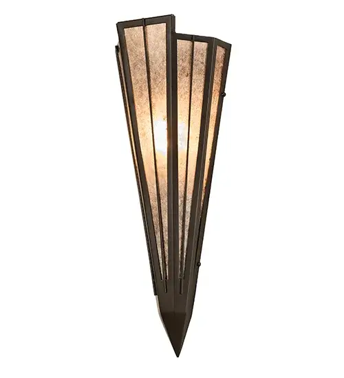 Add elegance with Deco inspired lighting reminiscent of classic Hollywood theaters. The Silver Mica lens defines an extraordinary V-shaped sconce which is complemented with decorative accents, frame, and hardware in a Timeless Bronze finish. The fixture is ideal for foyers, corridors and other interiors in homes, home theaters, resorts, hotels, and restaurants. Custom crafted in our 180,000 square foot manufacturing facility in Yorkville, NY. Available in custom designs, lens colors, hardware finishes, and sizes. Dimmable energy efficient lamping options offered. UL and cUL listed for damp and dry locations. Collection: Brum Finish: Timeless Bronze Glass: Silver Mica Width: 7.25" Height: 20.00" Length: 4.25" Weight: 3.50 lb Extension from Wall: 4.50" Number of Bulbs: 1 Maximum Wattage: 60.00 W Bulb Type: T10 Bulb Base: E26 Material: Steel Country of Origin: USA Safety Rating: Damp - alternate view