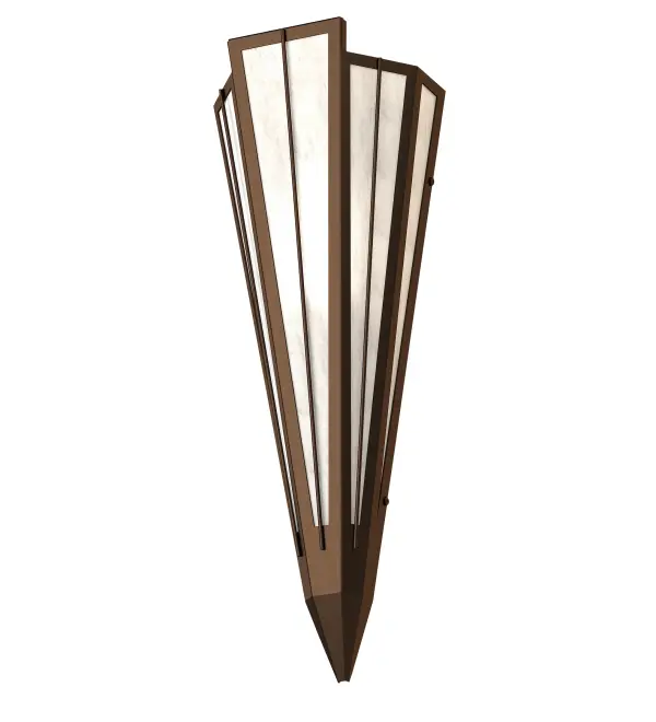 Add elegance with Deco inspired lighting reminiscent of classic Hollywood theaters. The Angelwing Idalight lens defines an extraordinary V-shaped sconce which is complemented with decorative accents, frame, and hardware in Timeless Bronze finish. The fixture is ideal for foyers, corridors and other interiors in homes, home theaters, resorts, hotels, and restaurants. Custom crafted in our 180,000 square foot manufacturing facility in Yorkville, NY. Available in custom designs, lens colors, hardware finishes, and sizes. Dimmable energy efficient lamping options offered. UL and cUL listed for damp and dry locations. Collection: Brum Finish: Timeless Bronze Glass: Angelwing Idalight Width: 7.25" Height: 20.00" Length: 4.25" Weight: 4.00 lb Extension from Wall: 4.50" Number of Bulbs: 1 Maximum Wattage: 60.00 W Bulb Type: T10 Bulb Base: E26 Material: Steel Country of Origin: USA Safety Rating: Damp