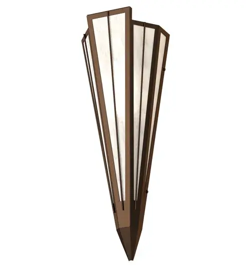 Add elegance with Deco inspired lighting reminiscent of classic Hollywood theaters. The Angelwing Idalight lens defines an extraordinary V-shaped sconce which is complemented with decorative accents, frame, and hardware in Timeless Bronze finish. The fixture is ideal for foyers, corridors and other interiors in homes, home theaters, resorts, hotels, and restaurants. Custom crafted in our 180,000 square foot manufacturing facility in Yorkville, NY. Available in custom designs, lens colors, hardware finishes, and sizes. Dimmable energy efficient lamping options offered. UL and cUL listed for damp and dry locations. Collection: Brum Finish: Timeless Bronze Glass: Angelwing Idalight Width: 7.25" Height: 20.00" Length: 4.25" Weight: 4.00 lb Extension from Wall: 4.50" Number of Bulbs: 1 Maximum Wattage: 60.00 W Bulb Type: T10 Bulb Base: E26 Material: Steel Country of Origin: USA Safety Rating: Damp - alternate view