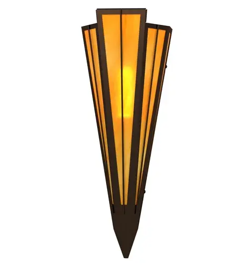 Add elegance with Deco-inspired lighting reminiscent of old Hollywood theaters. The Ambra Siena Idalight lens defines an extraordinary V-shaped sconce which is complemented with decorative accents, frame, and hardware in a Timeless Bronze finish. The fixture is ideal for foyers, corridors and other interiors in homes, home theaters, resorts, hotels, and restaurants. Custom crafted in our 180,000 square foot manufacturing facility in Yorkville, NY. Available in custom designs, lens colors, hardware finishes, and sizes. Dimmable energy efficient lamping options offered. UL and cUL listed for damp and dry locations. Collection: Brum Finish: Timeless Bronze Glass: Ambra Siena Idalight Width: 7.25" Height: 20.00" Length: 4.25" Weight: 4.00 lb Extension from Wall: 4.50" Number of Bulbs: 1 Maximum Wattage: 60.00 W Bulb Type: T10 Bulb Base: E26 Material: Steel Country of Origin: USA Safety Rating: Damp - alternate view