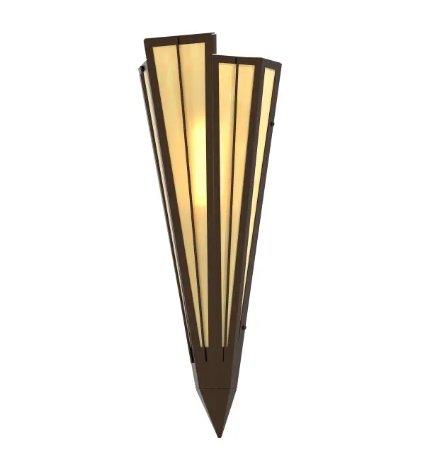 Add elegance with Deco inspired lighting reminiscent of classic Hollywood theaters. The Botticino Idalight lens defines an extraordinary V-shaped sconce which is complemented with decorative accents, frame, and hardware in a Timeless Bronze finish. The fixture is ideal for foyers, corridors and other interiors in homes, home theaters, resorts, hotels, and restaurants. Custom crafted in our 180,000 square foot manufacturing facility in Yorkville, NY. Available in custom designs, lens colors, hardware finishes, and sizes. Dimmable energy efficient lamping options offered. UL and cUL listed for damp and dry locations. Collection: Brum Finish: Timeless Bronze Glass: Botticino Idalight Width: 7.25" Height: 20.00" Length: 4.25" Weight: 4.00 lb Number of Bulbs: 1 Maximum Wattage: 60.00 W Bulb Type: T10 Bulb Base: E26 Material: Steel Country of Origin: USA Safety Rating: Damp