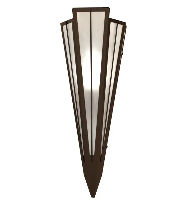 Add elegance with Deco inspired lighting reminiscent of classic Hollywood theaters. The White Art Glass lens defines an extraordinary V-shaped sconce which is complemented with decorative accents, frame, and hardware in a Timeless Bronze finish. The fixture is ideal for foyers, corridors and other interiors in homes, home theaters, resorts, hotels, and restaurants. Custom crafted in our 180,000 square foot manufacturing facility in Yorkville, NY. Available in custom designs, lens colors, hardware finishes, and sizes. Dimmable energy efficient lamping options offered. UL and cUL listed for damp and dry locations. Collection: Brum Finish: Timeless Bronze Glass: White Art Glass Width: 7.25" Height: 20.00" Length: 4.25" Weight: 4.50 lb Extension from Wall: 4.50" Number of Bulbs: 1 Maximum Wattage: 60.00 W Bulb Type: T10 Bulb Base: E26 Material: Steel Country of Origin: USA Safety Rating: Damp