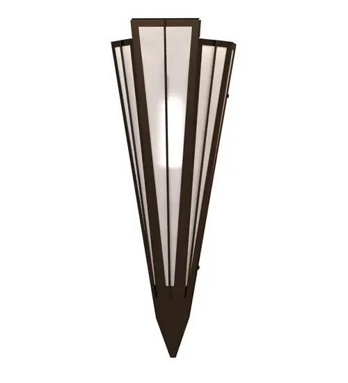 Contrail Mist Idalight is transformed into an abstract lighting design similar to the famed deco designs showcased in Classic Hollywood theaters. This extraordinary V-shaped sconce is complemented with decorative accents and hardware featured in a Timeless Bronze finish. Ideal for foyers, corridors and other interiors in homes, home theaters, resorts, hotels and restaurants. Handcrafted by highly skilled artisans in our 180,000 square foot manufacturing facility in Yorkville, New York. Custom colors, styles and sizes are available. Dimmable energy efficient lamping options offered. UL and cUL listed for damp and dry locations. Collection: Brum Finish: Timeless Bronze Glass: Contrail Mist Idalight Width: 7.25" Height: 20.00" Length: 4.25" Weight: 4.00 lb Extension from Wall: 5.00" Number of Bulbs: 1 Maximum Wattage: 60.00 W Bulb Type: T10 Bulb Base: E26 Material: Steel Country of Origin: USA Safety Rating: Damp - alternate view