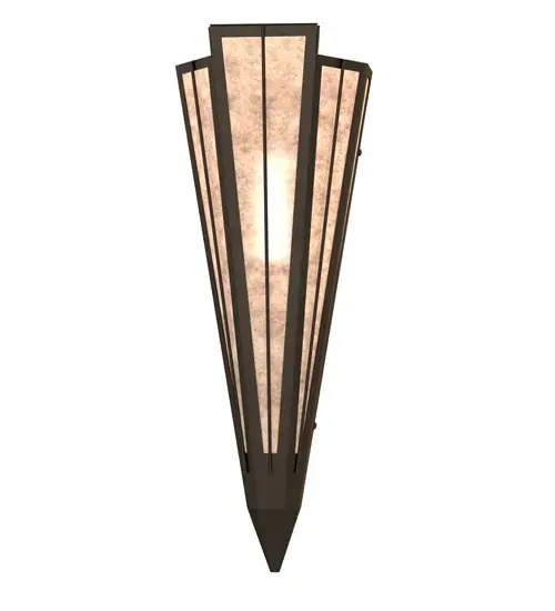 Add elegance with Deco inspired lighting reminiscent of classic Hollywood theaters. The Silver Mica lens defines an extraordinary V-shaped sconce which is complemented with decorative accents, frame, and hardware in an Oil Rubbed Bronze finsih. The fixture is ideal for foyers, corridors and other interiors in homes, home theaters, resorts, hotels, and restaurants. Custom crafted in our 180,000 square foot manufacturing facility in Yorkville, NY. Available in custom designs, lens colors, hardware finishes, and sizes. Dimmable energy efficient lamping options offered. UL and cUL listed for damp and dry locations. Collection: Brum Finish: Oil Rubbed Bronze Glass: Silver Mica Width: 7.25" Height: 20.00" Length: 4.25" Weight: 3.50 lb Extension from Wall: 4.50" Number of Bulbs: 1 Maximum Wattage: 60.00 W Bulb Type: T10 Bulb Base: E26 Material: Steel Country of Origin: USA Safety Rating: Damp - alternate view