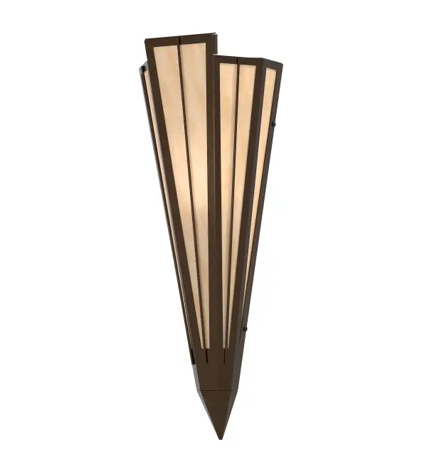 Beige Art Glass is transformed into abstract lighting design similar to the famed deco designs showcased in Classic Hollywood theaters. This extraordinary V-shaped sconce is complemented with decorative accents and hardware featured in an Oil Rubbed Bronze finish. Ideal for foyers, corridors and other interiors in homes, home theaters, resorts, hotels and restaurants. Handcrafted by highly skilled artisans in our 180,000 square foot manufacturing facility in Yorkville, New York. Custom colors, styles and sizes are available. Dimmable energy efficient lamping options offered. UL and cUL listed for damp and dry locations. Collection: Brum Finish: Oil Rubbed Bronze Glass: Beige Art Glass Width: 7.25" Height: 20.00" Length: 4.25" Weight: 4.50 lb Number of Bulbs: 1 Maximum Wattage: 60.00 W Bulb Type: T10 Bulb Base: E26 Material: Steel Country of Origin: USA Safety Rating: Damp