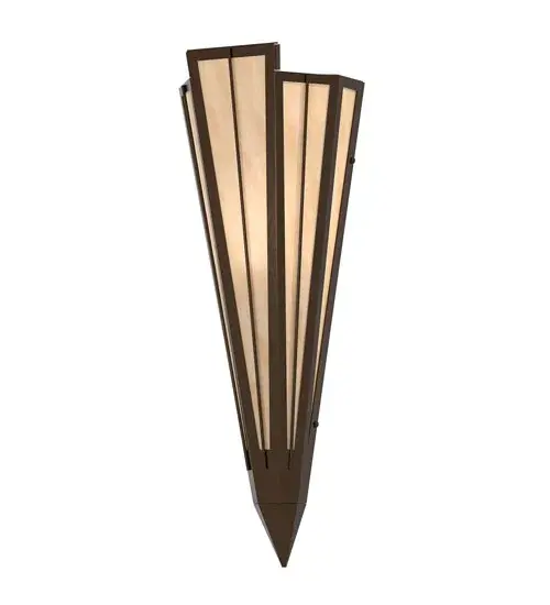 Beige Art Glass is transformed into abstract lighting design similar to the famed deco designs showcased in Classic Hollywood theaters. This extraordinary V-shaped sconce is complemented with decorative accents and hardware featured in an Oil Rubbed Bronze finish. Ideal for foyers, corridors and other interiors in homes, home theaters, resorts, hotels and restaurants. Handcrafted by highly skilled artisans in our 180,000 square foot manufacturing facility in Yorkville, New York. Custom colors, styles and sizes are available. Dimmable energy efficient lamping options offered. UL and cUL listed for damp and dry locations. Collection: Brum Finish: Oil Rubbed Bronze Glass: Beige Art Glass Width: 7.25" Height: 20.00" Length: 4.25" Weight: 4.50 lb Number of Bulbs: 1 Maximum Wattage: 60.00 W Bulb Type: T10 Bulb Base: E26 Material: Steel Country of Origin: USA Safety Rating: Damp - alternate view