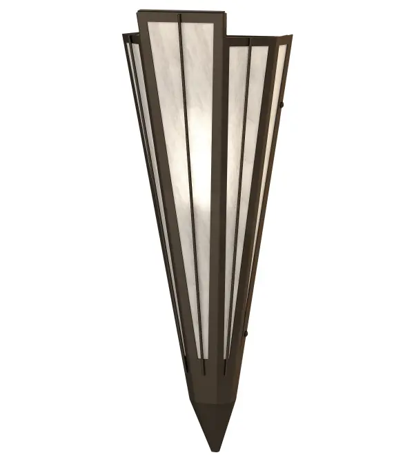 Add elegance with Deco inspired lighting reminiscent of classic Hollywood theaters. The Angelwing Idalight lens defines an extraordinary V-shaped sconce which is complemented with decorative accents, frame, and hardware in an Oil Rubbed Bronze finish. The fixture is ideal for foyers, corridors and other interiors in homes, home theaters, resorts, hotels, and restaurants. Custom crafted in our 180,000 square foot manufacturing facility in Yorkville, NY. Available in custom designs, lens colors, hardware finishes, and sizes. Dimmable energy efficient lamping options offered. UL and cUL listed for damp and dry locations. Collection: Brum Finish: Oil Rubbed Bronze Glass: Angelwing Idalight Width: 7.25" Height: 20.00" Length: 4.25" Weight: 4.00 lb Extension from Wall: 4.50" Number of Bulbs: 1 Maximum Wattage: 60.00 W Bulb Type: T10 Bulb Base: E26 Material: Steel Country of Origin: USA Safety Rating: Damp