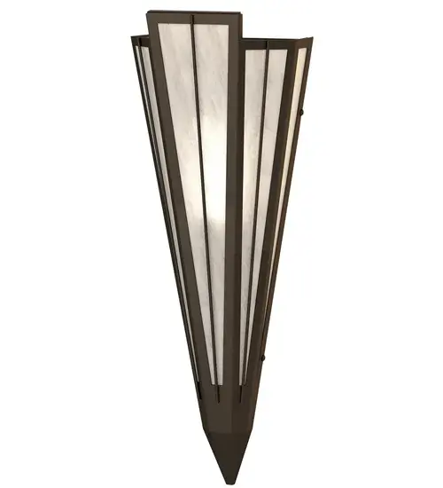 Add elegance with Deco inspired lighting reminiscent of classic Hollywood theaters. The Angelwing Idalight lens defines an extraordinary V-shaped sconce which is complemented with decorative accents, frame, and hardware in an Oil Rubbed Bronze finish. The fixture is ideal for foyers, corridors and other interiors in homes, home theaters, resorts, hotels, and restaurants. Custom crafted in our 180,000 square foot manufacturing facility in Yorkville, NY. Available in custom designs, lens colors, hardware finishes, and sizes. Dimmable energy efficient lamping options offered. UL and cUL listed for damp and dry locations. Collection: Brum Finish: Oil Rubbed Bronze Glass: Angelwing Idalight Width: 7.25" Height: 20.00" Length: 4.25" Weight: 4.00 lb Extension from Wall: 4.50" Number of Bulbs: 1 Maximum Wattage: 60.00 W Bulb Type: T10 Bulb Base: E26 Material: Steel Country of Origin: USA Safety Rating: Damp - alternate view