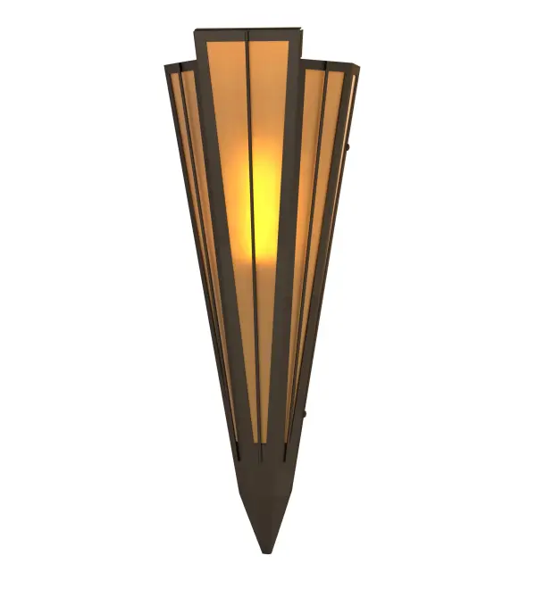 Add elegance with Deco inspired lighting reminiscent of old Hollywood theaters. The Amber Quartz Idalight lens defines an extraordinary V-shaped sconce which is complemented with decorative accents, frame, and hardware in Oil Rubbed Bronze finish. The fixture is ideal for foyers, corridors and other interiors in homes, home theaters, resorts, hotels, and restaurants. Custom crafted in our 180,000 square foot manufacturing facility in Yorkville, NY. Available in custom designs, lens colors, hardware finishes, and sizes. Dimmable energy efficient lamping options offered. UL and cUL listed for damp and dry locations. Collection: Brum Finish: Oil Rubbed Bronze Glass: Amber Quartz Idalight Width: 7.25" Height: 20.00" Length: 4.25" Weight: 4.00 lb Extension from Wall: 4.50" Number of Bulbs: 1 Maximum Wattage: 60.00 W Bulb Type: T10 Bulb Base: E26 Material: Steel Country of Origin: USA Safety Rating: Damp
