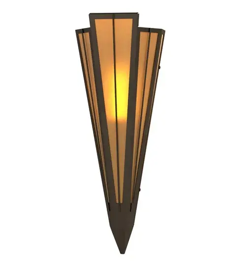Add elegance with Deco inspired lighting reminiscent of old Hollywood theaters. The Amber Quartz Idalight lens defines an extraordinary V-shaped sconce which is complemented with decorative accents, frame, and hardware in Oil Rubbed Bronze finish. The fixture is ideal for foyers, corridors and other interiors in homes, home theaters, resorts, hotels, and restaurants. Custom crafted in our 180,000 square foot manufacturing facility in Yorkville, NY. Available in custom designs, lens colors, hardware finishes, and sizes. Dimmable energy efficient lamping options offered. UL and cUL listed for damp and dry locations. Collection: Brum Finish: Oil Rubbed Bronze Glass: Amber Quartz Idalight Width: 7.25" Height: 20.00" Length: 4.25" Weight: 4.00 lb Extension from Wall: 4.50" Number of Bulbs: 1 Maximum Wattage: 60.00 W Bulb Type: T10 Bulb Base: E26 Material: Steel Country of Origin: USA Safety Rating: Damp - alternate view