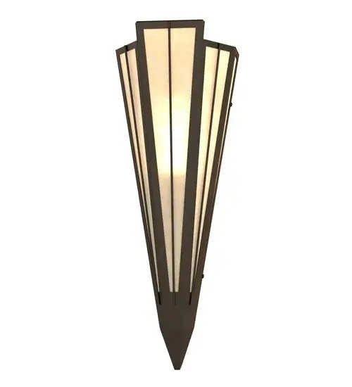Add elegance with Deco inspired lighting reminiscent of old Hollywood theaters. The Sahara Taupe Idalight lens defines an extraordinary V-shaped sconce which is complemented with decorative accents, frame, and hardware in an Oil Rubbed Bronze finsih. The fixture is ideal for foyers, corridors and other interiors in homes, home theaters, resorts, hotels, and restaurants. Custom crafted in our 180,000 square foot manufacturing facility in Yorkville, NY. Available in custom designs, lens colors, hardware finishes, and sizes. Dimmable energy efficient lamping options offered. UL and cUL listed for damp and dry locations. Collection: Brum Finish: Oil Rubbed Bronze Glass: Sahara Taupe Idalight Width: 7.25" Height: 20.00" Length: 4.25" Weight: 4.00 lb Extension from Wall: 4.50" Number of Bulbs: 1 Maximum Wattage: 60.00 W Bulb Type: T10 Bulb Base: E26 Material: Steel Country of Origin: USA Safety Rating: Damp - alternate view