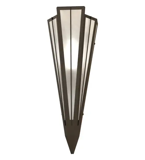 Add elegance with Deco inspired lighting reminiscent of classic Hollywood theaters. The White Art Glass lens defines an extraordinary V-shaped sconce which is complemented with decorative accents, frame, and hardware in an Oil Rubbed Bronze finish. The fixture is ideal for foyers, corridors and other interiors in homes, home theaters, resorts, hotels, and restaurants. Custom crafted in our 180,000 square foot manufacturing facility in Yorkville, NY. Available in custom designs, lens colors, hardware finishes, and sizes. Dimmable energy efficient lamping options offered. UL and cUL listed for damp and dry locations. Collection: Brum Finish: Oil Rubbed Bronze Glass: White Art Glass Width: 7.25" Height: 20.00" Length: 4.25" Weight: 4.50 lb Extension from Wall: 4.50" Number of Bulbs: 1 Maximum Wattage: 60.00 W Bulb Type: T10 Bulb Base: E26 Material: Steel Country of Origin: USA Safety Rating: Damp - alternate view