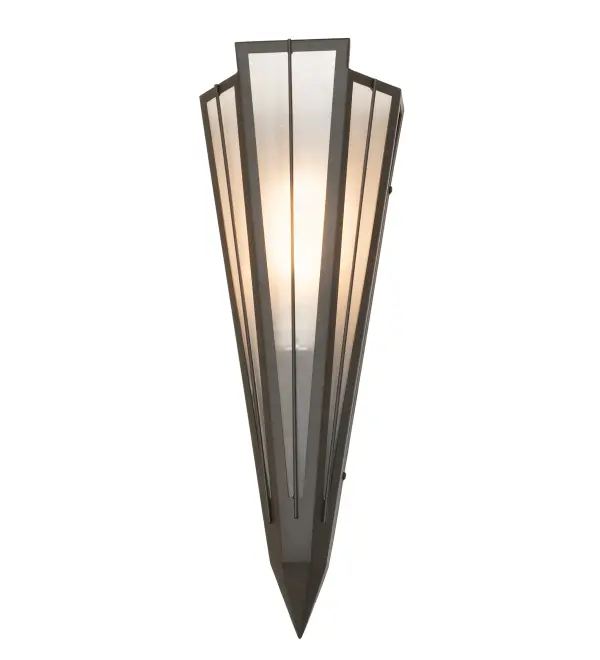 Contrail Mist Idalight is transformed into an abstract lighting design similar to the famed deco designs showcased in Classic Hollywood theaters. This extraordinary V-shaped sconce is complemented with decorative accents and hardware featured in an Oil Rubbed Bronze finish. Ideal for foyers, corridors and other interiors in homes, home theaters, resorts, hotels and restaurants. Handcrafted by highly skilled artisans in our 180,000 square foot manufacturing facility in Yorkville, New York. Custom colors, styles and sizes are available. Dimmable energy efficient lamping options offered. UL and cUL listed for damp and dry locations. Collection: Brum Finish: Oil Rubbed Bronze Glass: Contrail Mist Idalight Width: 7.25" Height: 20.00" Length: 4.25" Weight: 4.00 lb Extension from Wall: 5.00" Number of Bulbs: 1 Maximum Wattage: 60.00 W Bulb Type: T10 Bulb Base: E26 Material: Steel Country of Origin: USA Safety Rating: Damp