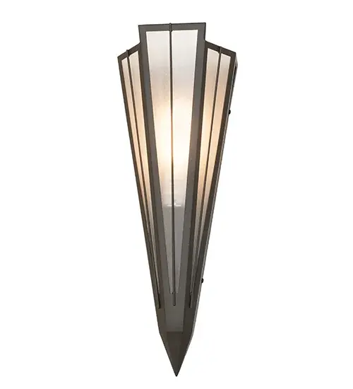 Contrail Mist Idalight is transformed into an abstract lighting design similar to the famed deco designs showcased in Classic Hollywood theaters. This extraordinary V-shaped sconce is complemented with decorative accents and hardware featured in an Oil Rubbed Bronze finish. Ideal for foyers, corridors and other interiors in homes, home theaters, resorts, hotels and restaurants. Handcrafted by highly skilled artisans in our 180,000 square foot manufacturing facility in Yorkville, New York. Custom colors, styles and sizes are available. Dimmable energy efficient lamping options offered. UL and cUL listed for damp and dry locations. Collection: Brum Finish: Oil Rubbed Bronze Glass: Contrail Mist Idalight Width: 7.25" Height: 20.00" Length: 4.25" Weight: 4.00 lb Extension from Wall: 5.00" Number of Bulbs: 1 Maximum Wattage: 60.00 W Bulb Type: T10 Bulb Base: E26 Material: Steel Country of Origin: USA Safety Rating: Damp - alternate view