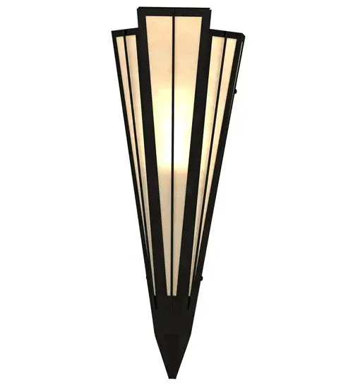 Add elegance with Deco inspired lighting reminiscent of old Hollywood theaters. The Sahara Taupe Idalight lens defines an extraordinary V-shaped sconce which is complemented with decorative accents, frame, and hardware in Textured Black finish. The fixture is ideal for foyers, corridors and other interiors in homes, home theaters, resorts, hotels, and restaurants. Custom crafted in our 180,000 square foot manufacturing facility in Yorkville, NY. Available in custom designs, lens colors, hardware finishes, and sizes. Dimmable energy efficient lamping options offered. UL and cUL listed for damp and dry locations. Collection: Brum Finish: Textured Black Glass: Sahara Taupe Idalight Width: 7.25" Height: 20.00" Length: 4.25" Weight: 4.00 lb Extension from Wall: 4.50" Number of Bulbs: 1 Maximum Wattage: 60.00 W Bulb Type: T10 Bulb Base: E26 Material: Steel Country of Origin: USA Safety Rating: Damp - alternate view