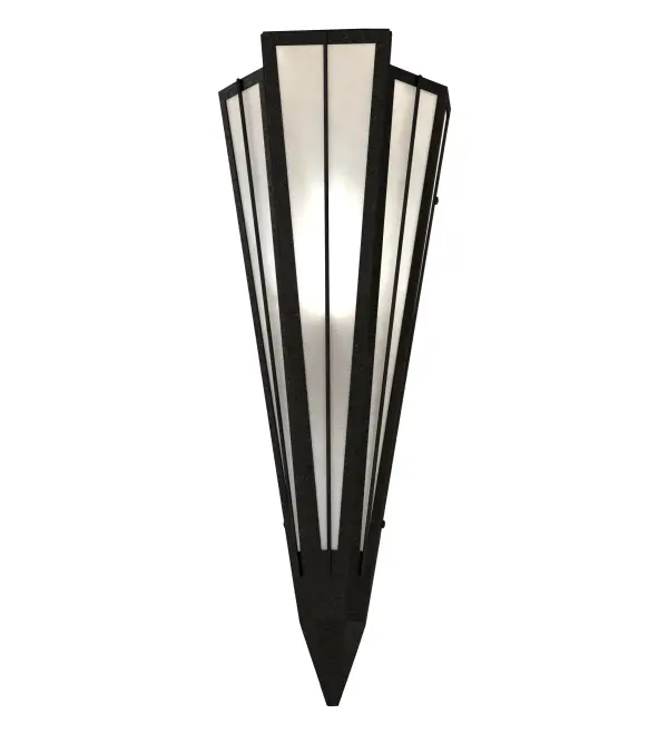 Add elegance with Deco inspired lighting reminiscent of classic Hollywood theaters. The White Art Glass lens defines an extraordinary V-shaped sconce which is complemented with decorative accents, frame, and hardware in a Textured Black finish. The fixture is ideal for foyers, corridors and other interiors in homes, home theaters, resorts, hotels, and restaurants. Custom crafted in our 180,000 square foot manufacturing facility in Yorkville, NY. Available in custom designs, lens colors, hardware finishes, and sizes. Dimmable energy efficient lamping options offered. UL and cUL listed for damp and dry locations. Collection: Brum Finish: Textured Black Glass: White Art Glass Width: 7.25" Height: 20.00" Length: 4.25" Weight: 4.50 lb Extension from Wall: 4.50" Number of Bulbs: 1 Maximum Wattage: 60.00 W Bulb Type: T10 Bulb Base: E26 Material: Steel Country of Origin: USA Safety Rating: Damp
