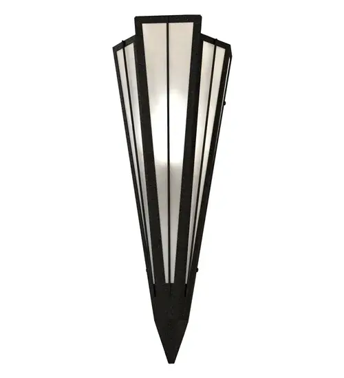 Add elegance with Deco inspired lighting reminiscent of classic Hollywood theaters. The White Art Glass lens defines an extraordinary V-shaped sconce which is complemented with decorative accents, frame, and hardware in a Textured Black finish. The fixture is ideal for foyers, corridors and other interiors in homes, home theaters, resorts, hotels, and restaurants. Custom crafted in our 180,000 square foot manufacturing facility in Yorkville, NY. Available in custom designs, lens colors, hardware finishes, and sizes. Dimmable energy efficient lamping options offered. UL and cUL listed for damp and dry locations. Collection: Brum Finish: Textured Black Glass: White Art Glass Width: 7.25" Height: 20.00" Length: 4.25" Weight: 4.50 lb Extension from Wall: 4.50" Number of Bulbs: 1 Maximum Wattage: 60.00 W Bulb Type: T10 Bulb Base: E26 Material: Steel Country of Origin: USA Safety Rating: Damp - alternate view