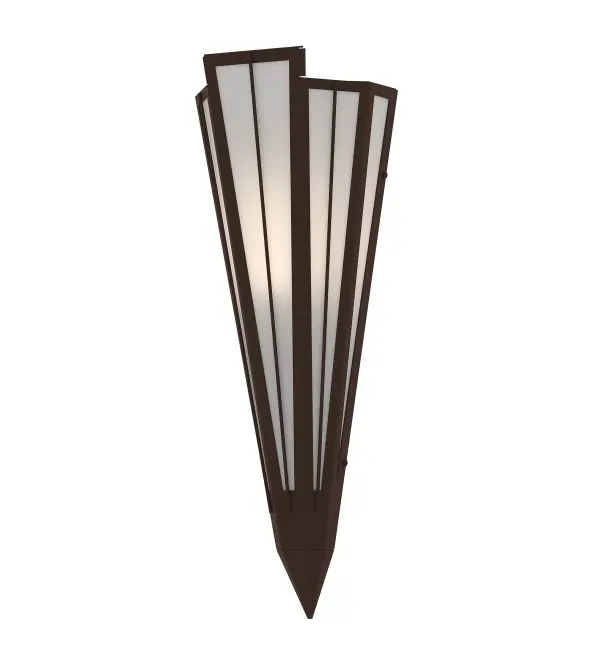 Contrail Mist Idalight is transformed into an abstract lighting design similar to the famed deco designs showcased in Classic Hollywood theaters. This extraordinary V-shaped sconce is complemented with decorative accents and hardware featured in a Cafe Noir finish. Ideal for foyers, corridors and other interiors in homes, home theaters, resorts, hotels and restaurants. Handcrafted by highly skilled artisans in our 180,000 square foot manufacturing facility in Yorkville, New York. Custom colors, styles and sizes are available. Dimmable energy efficient lamping options offered. UL and cUL listed for damp and dry locations. Collection: Brum Finish: Cafe Noir Glass: Contrail Mist Idalight Width: 7.25" Height: 20.00" Length: 4.25" Weight: 4.00 lb Number of Bulbs: 1 Maximum Wattage: 60.00 W Bulb Type: T10 Bulb Base: E26 Material: Steel Country of Origin: USA Safety Rating: Damp