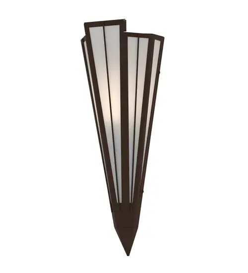 Contrail Mist Idalight is transformed into an abstract lighting design similar to the famed deco designs showcased in Classic Hollywood theaters. This extraordinary V-shaped sconce is complemented with decorative accents and hardware featured in a Cafe Noir finish. Ideal for foyers, corridors and other interiors in homes, home theaters, resorts, hotels and restaurants. Handcrafted by highly skilled artisans in our 180,000 square foot manufacturing facility in Yorkville, New York. Custom colors, styles and sizes are available. Dimmable energy efficient lamping options offered. UL and cUL listed for damp and dry locations. Collection: Brum Finish: Cafe Noir Glass: Contrail Mist Idalight Width: 7.25" Height: 20.00" Length: 4.25" Weight: 4.00 lb Number of Bulbs: 1 Maximum Wattage: 60.00 W Bulb Type: T10 Bulb Base: E26 Material: Steel Country of Origin: USA Safety Rating: Damp - alternate view